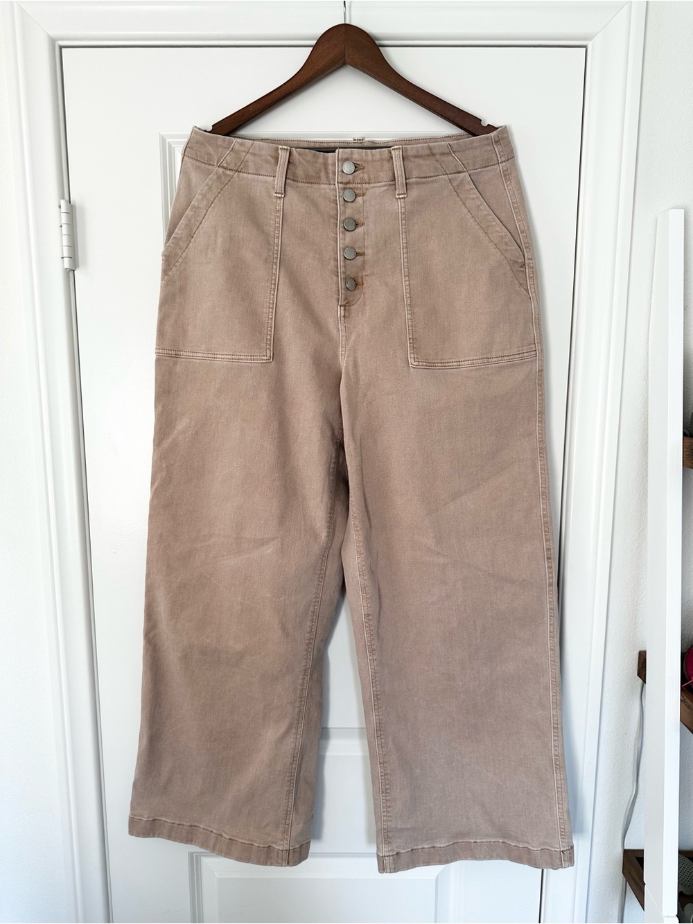 Taupe Wide Leg Button Fly Utility Pocket Pants High Rise Trousers